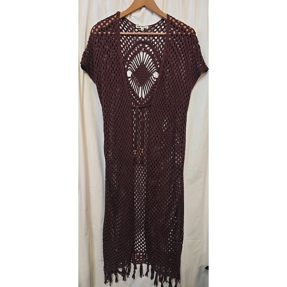 Indigo Thread Co ~ Maroon Crochet Long Sleeveless Cardigan Boho Cottagecore M - Picture 2 of 10